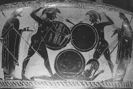 جنگ هوپلیت‌ها از گلدانی یونانی مربوط به سال 560 ـ550 پ.م. (لوورـ شماره‌یE735 )